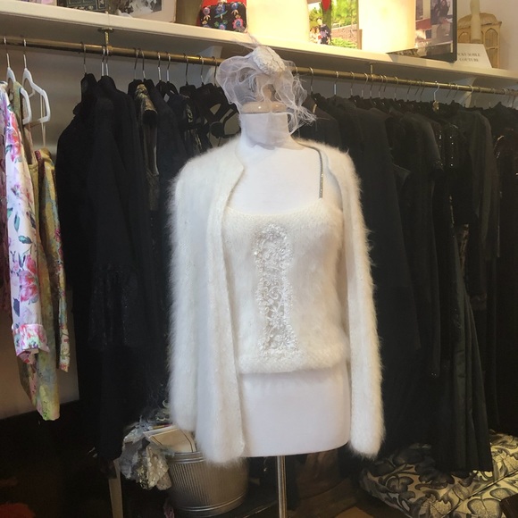 White angora rabbit tank top and cardigan.